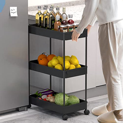3 Tier Rolling Cart with Wheels, Storage Craft Art Trolley Organizer Serving, 3 Hanging Baskets Easy Assembly, for Office, Bathroom，Living Room, Kitchen, Black