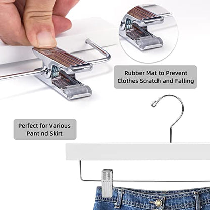 Nature Smile Deluxe Wooden Pants Hangers Solid Wood Bottom Jeans Hanger Skirt Hanger with 2-Adjustable Clips Pack of 20 (White) | Solid Wood Bottom, Jeans Hanger, Skirt Hanger, 2-Adjustable Clips