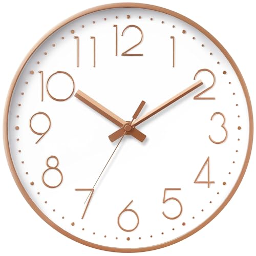 DAXSMY Wall Clock 12 Inch Rose Gold Decorative, Battery Operated Silent | Round; bold 3D numbers easy read; silent non-ticking; battery Operated, 1 AA not included; for bathroom, Living room