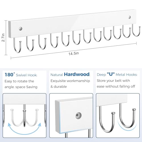 Belt Hanger Wall Mounted, Wooden Coat Rack Belt Organizer 2 Pack | Max 24 Storage Capacity, 180° Rotating Space Saving Hangers for Ties, Tank Tops, Scarves, Bras, Keys, Bags White