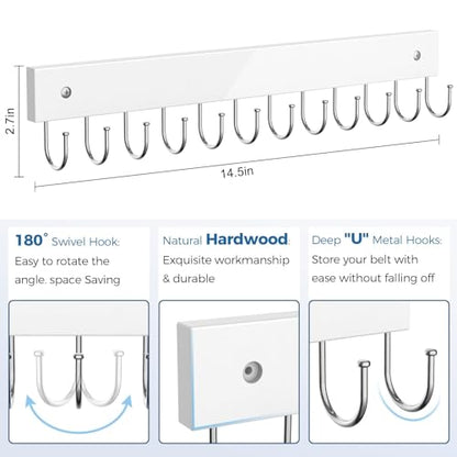 Belt Hanger Wall Mounted, Wooden Coat Rack Belt Organizer 2 Pack | Max 24 Storage Capacity, 180° Rotating Space Saving Hangers for Ties, Tank Tops, Scarves, Bras, Keys, Bags White