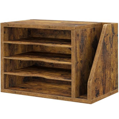 Wooden Mail Organizer, Desk Organizer with 3 Adjustable Shelves | Mail Sorter, File Organizer Desktop, Mail Holder for Home Office, Letter Sorter for Envelopes, Bills, Magazines, Rustic Brown
