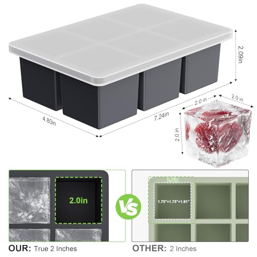 Large Ice Cube Tray for Whiskey: 2" Big Silicone Ice Tray with Lid for Whisky - 3Pack Old Fashioned Ice Cube Trays for Cocktail - Huge Square Cubed Bourbon Ice Cube Maker