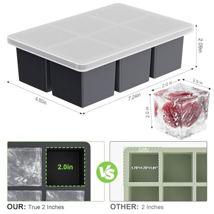 Large Ice Cube Tray for Whiskey: 2" Big Silicone Ice Tray with Lid for Whisky - 3Pack Old Fashioned Ice Cube Trays for Cocktail - Huge Square Cubed Bourbon Ice Cube Maker