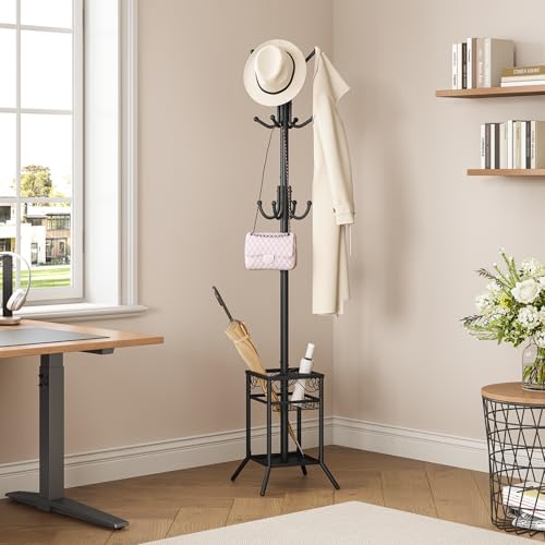 Coat Rack Freestanding, Metal Coat Rack with Umbrella Holder | 12 Hooks, Square Base, Heavy Duty Floor Standing Coat Tree for Entryway, Hallway, Living Room, Bedroom, Office, Black
