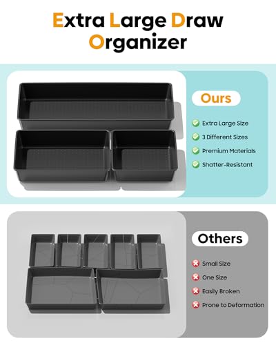 10 Pack Large Size Plastic Drawer Organizers Set, 3 Sizes Desk Drawer Organizer Trays, Storage Bins for Vanity, Makeup, Bathroom, Kitchen Utensils and Office (Black)