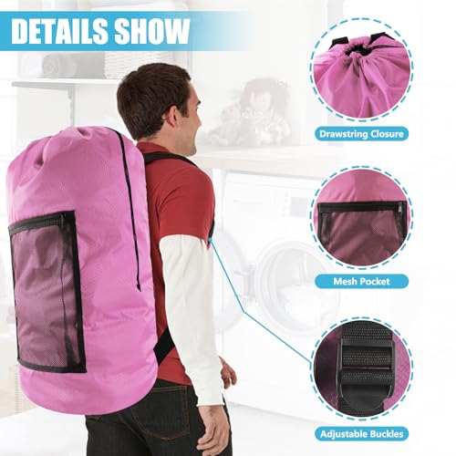 Olosar Laundry Bag Backpack, Extra Large Travel Laundry Bag with Mesh Pocket & Adjustable Shoulder Straps,Dirty Clothes Travel Bag for College Students Dorm,Apartment(Pink)