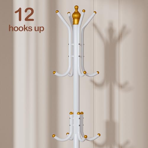 Free-Standing Coat Rack Metal Stand Hanger 12-Hooks Organizer | Hall Tree Entry-Way Furniture for Hanging Up Jacket, Hand-Bag, Cloth, Hat, Winter Scarf Holder for Home or Office Floor