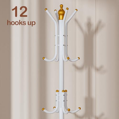 Free-Standing Coat Rack Metal Stand Hanger 12-Hooks Organizer | Hall Tree Entry-Way Furniture for Hanging Up Jacket, Hand-Bag, Cloth, Hat, Winter Scarf Holder for Home or Office Floor