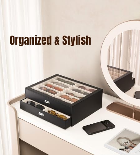 NEWLOOP Sunglass Drawer Storage Display Box for Multiple Pairs of Eyeglass | PVC Top Storage Box Women Men Jewelry Holder Leather Eyeglass Stand Eyewear Collection Case 2 Layer with 20 Slots Black