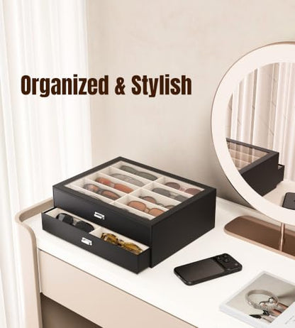 NEWLOOP Sunglass Drawer Storage Display Box for Multiple Pairs of Eyeglass | PVC Top Storage Box Women Men Jewelry Holder Leather Eyeglass Stand Eyewear Collection Case 2 Layer with 20 Slots Black