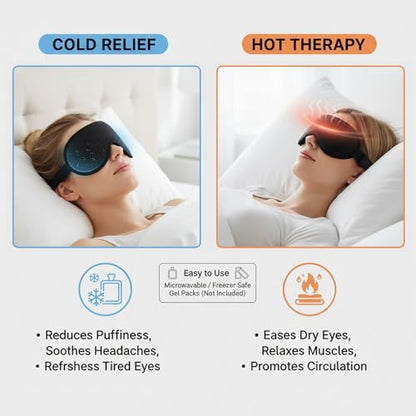 3D Contoured Sleep Mask with Reusable Hot Cold Gel Insert, Black Zero Pressure Memory Foam Light Blocking Eye Cover, Adjustable Strap Travel Nap Eye Mask for Adult Daily Rest