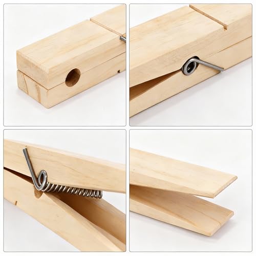 2 Pack 8.66 Inch Jumbo Natural Wooden Clothespin Wall Mount Holder | Solid wood construction, peel-and-stick no-drill install, farmhouse decor, holds towels clothes scarves bathroom laundry use
