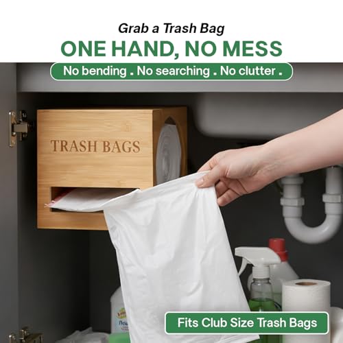 Trash bag holder dispenser | Bamboo garbage bag holder dispenser for Under Sink Storage | Wall Mount trash bag holder | Portable Hanging Organizer for Kitchen & Utility Use