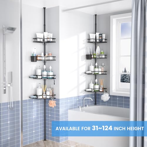 Adjustable Shower Caddy Tension Pole: Rustproof Corner Bathroom Shelves | 4-Tier 31-124" No Drill Standing Organizer Fits Apartments Rentals Bathroom Bathtub, for Shampoo, Conditioner, Bath Essential