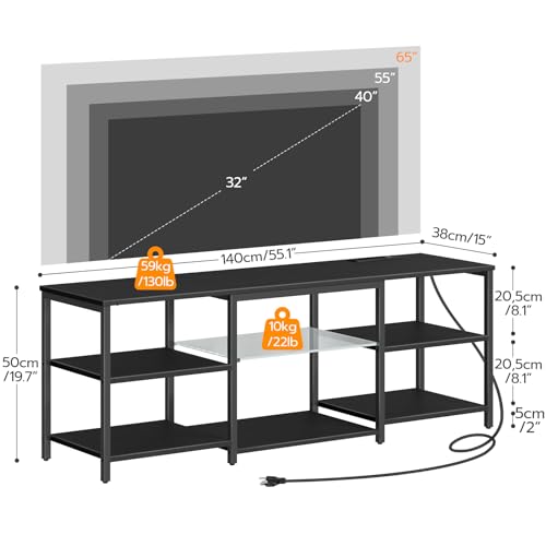 HOOBRO LED TV Stand for 65 Inch TVs with Charging Station, Gaming Entertainment Center with 3-Tier Open Storage, Long Media TV Console Table, TV Stand for Living Room, Bedroom, Black BB20UDDS01