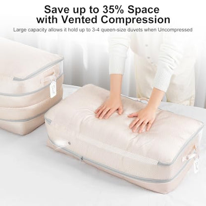 Comforter Storage Bag - Large Capacity Bedding Storage Bags Ultra Space Saving Self Compression Organizer, Washable Compression Bags for Storage Comforter Blanket Duvet Pillow, 4-Pack, Beige