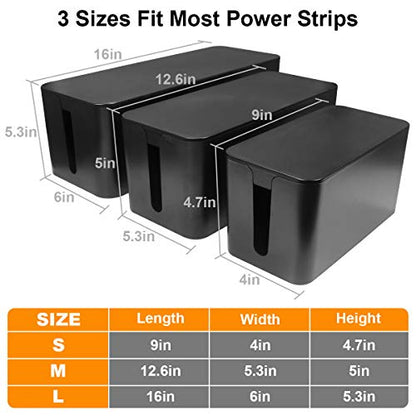 DUNCHATY Cable Management Box 3 Pack - Cord Organizer Box for Desk TV Computer - Large Medium Small Power Strip Cover & Wire Hider - Child & Pet Safe ABS Cord Box with Cable Ties - Black