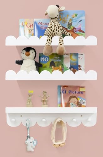 Wall Book Shelves for Bedroom Kids with Hooks - Scalloped Shelves for Nursery Set of 3, Nursery Bookshelf for Wall Room Decor, 16 Inch
