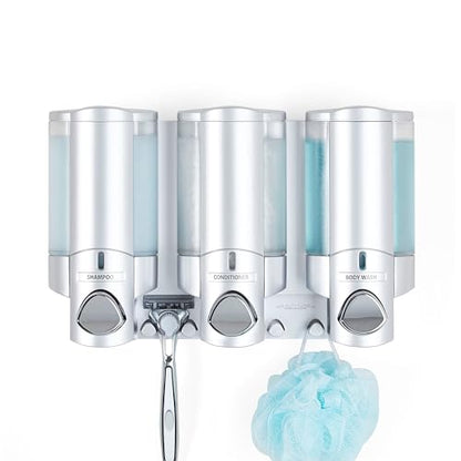 Better Living Aviva Wall Mount Shower Dispenser, 3 x 11 oz, Satin Silver | 3 Chamber, Shower Dispenser for Bathroom, Built-in Hooks, No Drill, Waterproof Dispenser Pump
