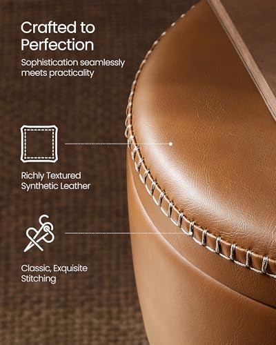 VASAGLE EKHO Collection - Storage Ottoman, Vanity Chair Stool, Synthetic Leather with Stitching, Mid-Century Modern, Round Storage Seat with Steel Legs, Loads 330 lb, Caramel Brown ULOM005KN08