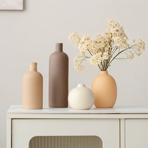 Modern Ceramic Vase Set, Neutral Colors, Decorative Vases for Home Shelf Decor, 4 Piece Collection, Happy Birthday Gifts for Women Mom Her Friend Sister Wife Grandma, Self Care Gift (Coffee Mix set 4)