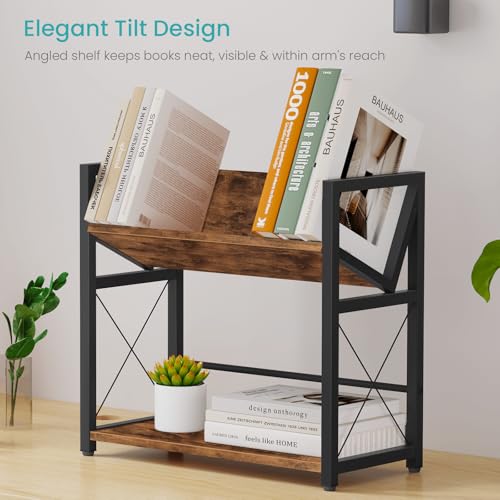 Desktop Bookshelf, 2 Tier Desk Shelf Organizer, Wooden Tabletop Bookcase, Small Desk Top Book Rack for Office, Home, Bedroom, Small Space Storage and Display, Rustic Brown