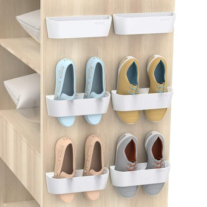 Wall Mounted Shoes Rack 6Pack with Sticky Hanging Strips, Plastic Shoes Holder Storage Organizer,Door Shoe Hangers (SM03-White-6)