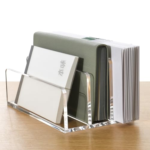 3 Compartments Clear Acrylic Mail Holder – Vertical Letter Sorter & Multifunction Desk Organizer for Bills, Documents, Notebooks – Modern Office/Home Envelope File Rack