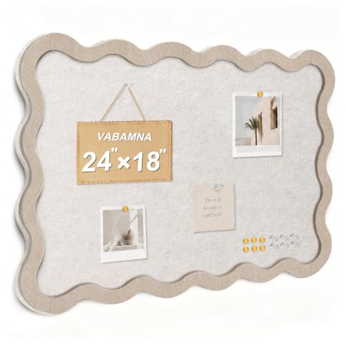 VABAMNA Scalloped Felt Bulletin Board 24"x18", Felt Cork Board Alternative for Wall, Foldable Picture Self-Adhesive Boards with Pins Hooks, Vision Boards for Photo Display School Home Office, Oatmeal