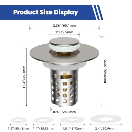 Universal Bathroom Sink Drain Strainer Hair Catcher, Brushed Nickel | Upgraded with Removable Stainless Steel Filter Basket, 3 in 1 Pop Up Sink Stopper for 1.1''~2.36'' Sink Basin Hole