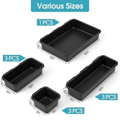 StoreHappily 10 PCS Drawer Organizer Set, 4 Size Makeup Drawer Divider Organizer With Non-Slip Pads, Interlocking Plastic Storage Bins for Office,Jewelry Vanity,Gadgets, Bathroom,Kitchen, Black