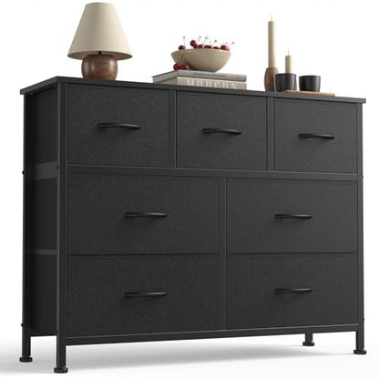 Sweetcrispy 7 Drawer Fabric Dresser for Bedroom Storage with Bins, Black | Anti-Tip Closet Organizer with Wooden Top and Sturdy Steel Frame, Spacious Drawers for Clothes Storage, Hallway Entryway