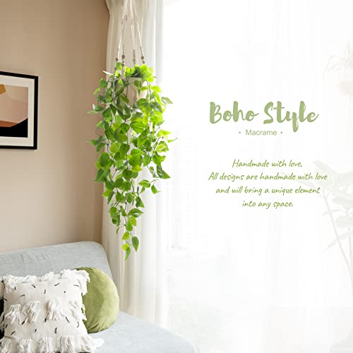 Mkono Fake Hanging Plant, Macrame Hanger with Pothos Vines & Pot, Ivory | Artificial Hanging Plants for Home Decor Indoor, Realistic Look, Perfect for Bedroom Bathroom Kitchen Office Boho Display