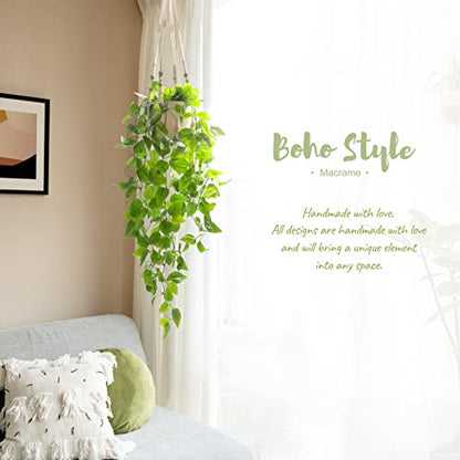 Mkono Fake Hanging Plant, Macrame Hanger with Pothos Vines & Pot, Ivory | Artificial Hanging Plants for Home Decor Indoor, Realistic Look, Perfect for Bedroom Bathroom Kitchen Office Boho Display
