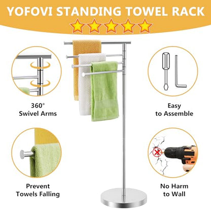 Freestanding Towel Rack, 40 Inch Tall Standing Towel Racks for Bathroom with Weighted Base, Modern Floor Towel Drying Holder Stand with 4 Swivel Arms, Stainless Steel, Chrome, YOFOVI