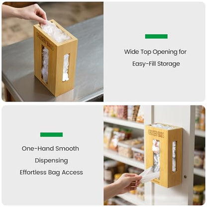 Extra Large Bamboo Grocery Bag Holder for Plastic Bags | Open-top plastic bag holder with front and side access for countertop, cabinet, or wall-mounted storage. 8 x 5 x 13 in.