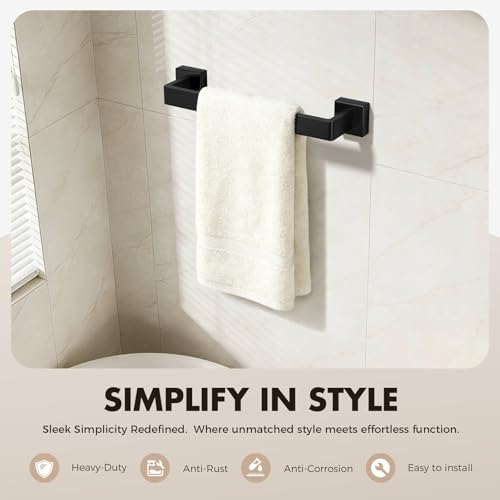 5-Pieces Matte Black Bathroom Accessories Set, 16 Inch Bath Towel Bar Set | Stainless Steel, Towel Ring, Toilet Paper Holder, Robe Hooks, Towel Racks for Bathroom Wall Mounted, Bathroom Hardware Set