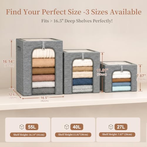 GoMaihe Clothes Storage Bins with Metal Frame for Closet, 40L 6-Pack Grey | Sweaters Hoodies Jeans T-Shirt, Closet Top Shelf Organizer, Steel Frame Collapse-Proof, Stackable, Clear Window, Dual Access