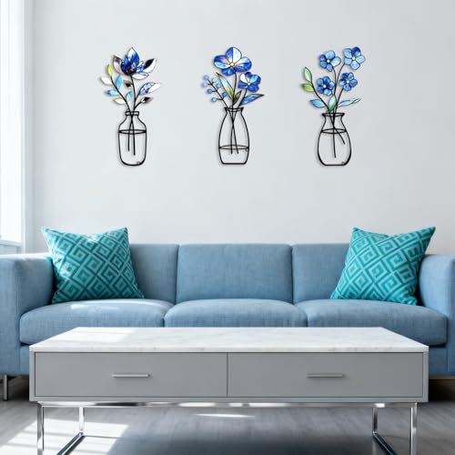 3 Pcs Metal Vase Wall Arts,Iron Art Painting,Rustic Farmhouse Decor Minimalist Flower Wall Decor for Bedroom Bathroom Living Room Dining Room(Blue, Vase-D)