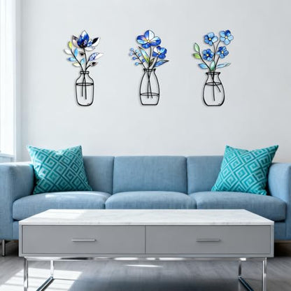 3 Pcs Metal Vase Wall Arts,Iron Art Painting,Rustic Farmhouse Decor Minimalist Flower Wall Decor for Bedroom Bathroom Living Room Dining Room(Blue, Vase-D)