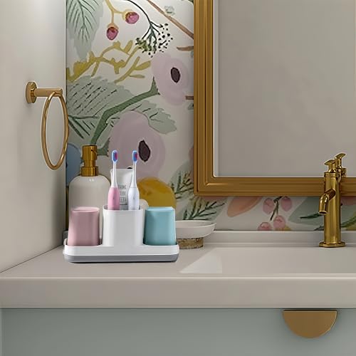 Toothbrush Holder for Bathroom, Kids Toothbrush Holder with Cups, Electric Toothbrush Holder for Bathroom Decor, Kids Bathroom Accessories Set with Toothpaste Holder, Pink & Blue