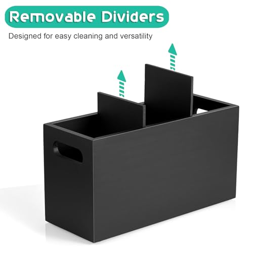 ALELION Black Kitchen Utensil Holder for Countertop - Wooden Large Utensil Caddy Organizer for Counter - 3 Compartment Cooking Utensil Crock for Silverware Spoon Spatula