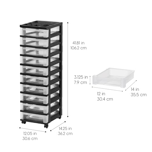 IRIS USA 10-Drawer Rolling Storage Cart, Black/Clear | Keep craft supplies, office essentials, classroom items, and accessories organized with easy-access drawers for daily use