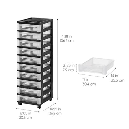 IRIS USA 10-Drawer Rolling Storage Cart, Black/Clear | Keep craft supplies, office essentials, classroom items, and accessories organized with easy-access drawers for daily use