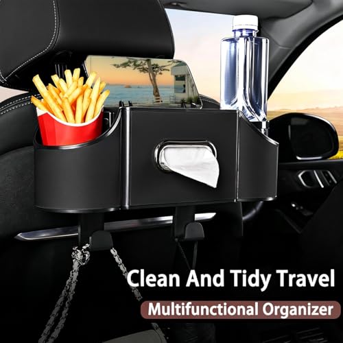 Multifunctional Back Seat Car Organizer with Cup Holders, Tissue Box Holder, Phone Stand and Hooks, 4 in 1 Car Backseat Storage Box, Car Seat Back Organizer for Sedan SUV MPV(Black)