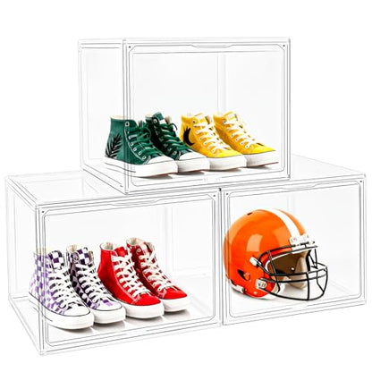 3 Pack XXX-Large Tall Boot Storage Organizer, 17.3x13x13'' Display Case | Shoe Boxes Extra Large Helmet Showcase Clear Stackable Hangbag Tote Bag with Magnetic Lid, 3 Pack Boxes with 2 Shoe Bags