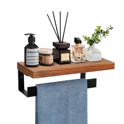 Hand Towel Holder/Towel Ring with Wooden Shelf, Hand Towel Rack, Hand Towel Hanger for Bathroom, Bath Accessories Wall Mounted, (Matte Black, 9"-Squ Shaped)