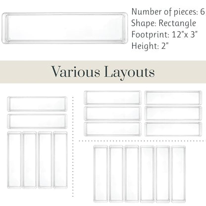 STORi SimpleSort 6-Piece Stackable Clear Drawer Organizer Set | 12" x 3" x 2" Rectangle Trays | Narrow Makeup Vanity Storage Bins and Office Desk Drawer Dividers | Made in USA