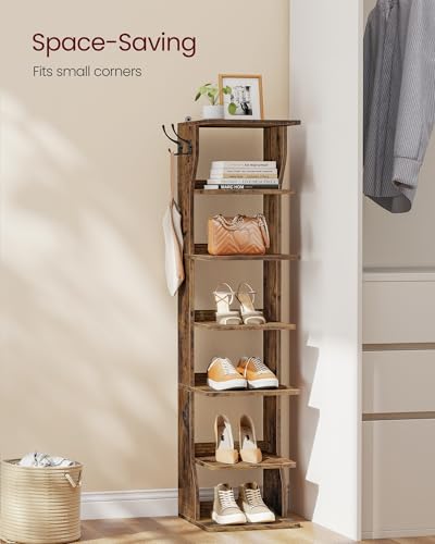 VASAGLE 7-Tier Vertical Shoe Rack, Narrow Shoe Storage Organizer with Hooks, Slim Corner Tower Shelf, Space-Saving for Entryway and Bedroom, Rustic Brown ULBS200KD01